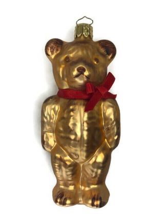 Vtg Christborn Gold Teddy Bear W/ Red Bow Blown Glass Germany Christmas Ornament