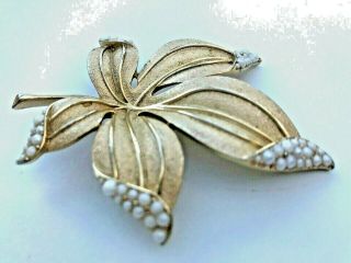 TRIFARI Vintage Jewellery Elegant Large Gold Tone Leaf & Faux Pearl Brooch/Pin 3