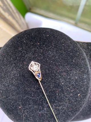 Antique 14K White Gold Stick Pin with Diamond & Sapphire 3
