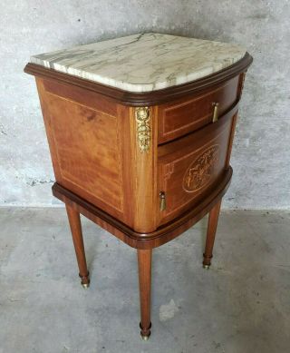 Early 20th C French Louis Xvi Bedside Cabinet Side Table Inlay Marquetry Ormolu