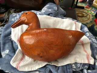Vtg Large Hand Carved Wood Wooden Duck Decoy Wood Eyes Natural Wood No Paint 13”
