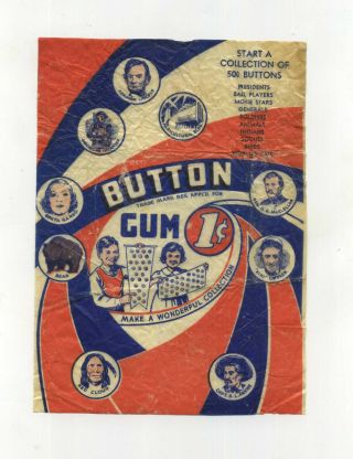Vtg Wax Chewing Gum Wrapper Button Gum 1c Antique C1933 Movie Stars Sports Etc