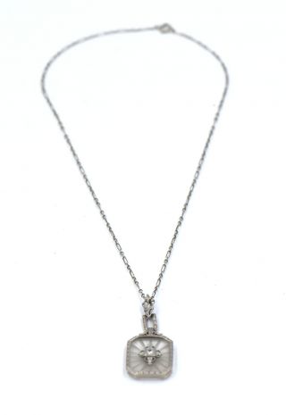 Antique Art Deco Diamond Camphor Glass Pendant Necklace 14k White Gold 16 "