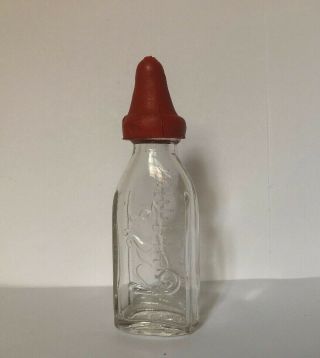 Vintage Clear Glass Toy Doll Baby Bottle With Embossed Dog Sun Babe Nipple