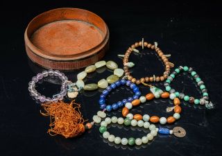 Set Of Chinese Antique Prayer Beads From Temple,  Jade/agarwood/agate/crystal