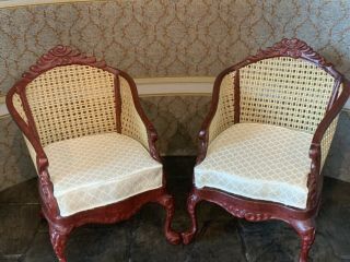Artisan Miniature Dollhouse Wood Carved Parlor Chairs Woven Mesh Silk Seats Pair