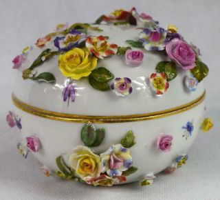 Antique Meissen Porcelain Flowers & Insects Encrusted Covered Pot Or Bowl