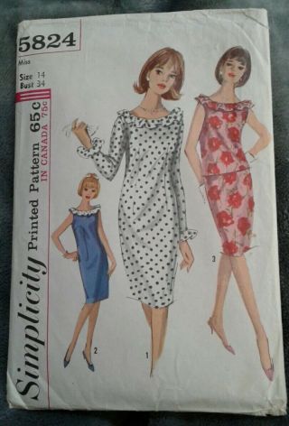 Vintage Simplicity 5824 One Or Two Piece Dress Variations Womans 14 Bust 34 Cut