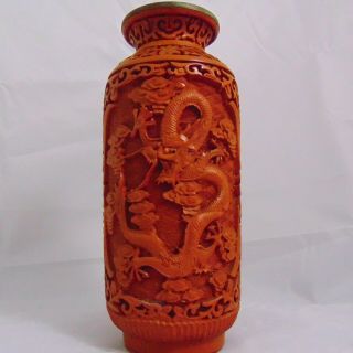Vintage Chinese Hand Carved Cinnabar Red Lacquer Vase Dragon