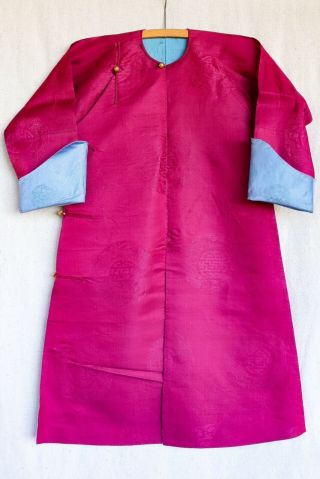 Antique Chinese Womens Turquoise Red Longevity Swastika Damask Silk Robe Jacket