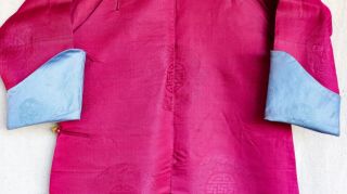 Antique Chinese Womens Turquoise Red Longevity Swastika Damask Silk Robe Jacket 2