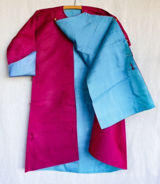 Antique Chinese Womens Turquoise Red Longevity Swastika Damask Silk Robe Jacket 3
