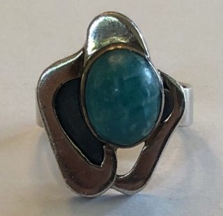 Vintage Fancy Mexico Taxco Sterling Silver & Aqua Blue Quartz Carved Ring Sz 7