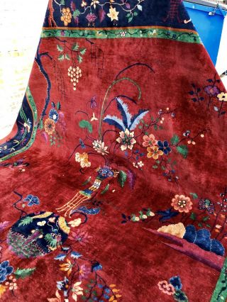 Auth: Antique Art Deco Chinese Rug Nichols Velvety Wool Beauty Red 10x14 Nr