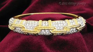 Vintage Swarovski Swan Pave Rhinestone Gold Rope Hinged Bangle Bracelet Signed