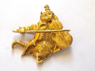 Vintage Mfa Museum Of Fine Arts Gold Tone Cat With Fiddle Violin Brooch