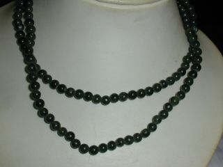 Vintage Silver Dark Green Jade? Bead Long Necklace