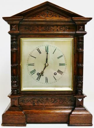 Antique German Carved Oak Architectural 8 Day Gong Striking Bracket Clock