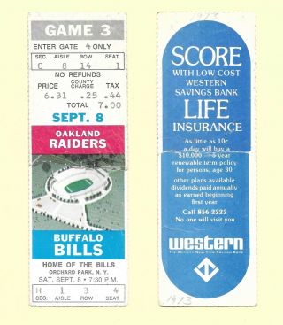 1973 Oakland Raiders Vs Buffalo Bills Ticket Stub At Rich Stadium Ny