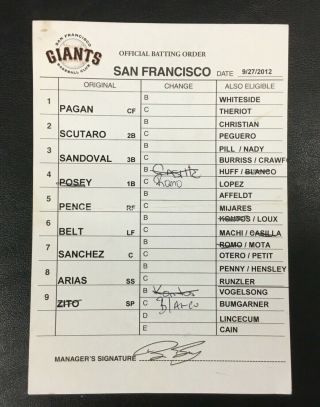 2012 Bruce Bochy San Francisco Giants Game Umpire Lineup Card World Series