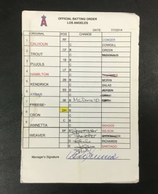 2014 Mike Scioscia Los Angeles Angels Game Umpire Lineup Card Mike Trout