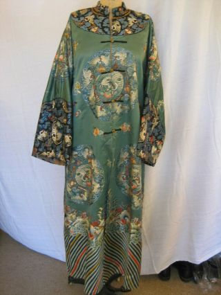 Antique Chinese Imperial Robe In Jade Green With Embroidered Ibis Medallions