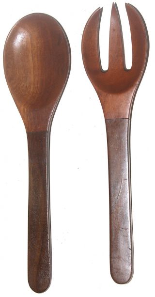 Vintage Two Toned Wooden Fork & Spoon Salad Serving Set Made In Haiti - Stamped