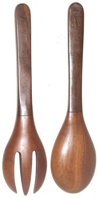 Vintage Two Toned Wooden Fork & Spoon Salad Serving Set Made In Haiti - Stamped 2