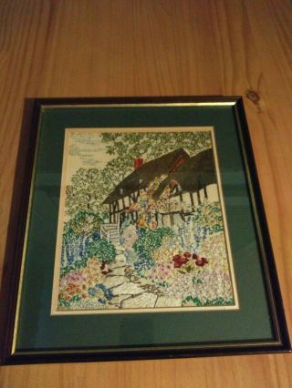 Vintage Framed Embroidered Picture Of Thatched Cottage