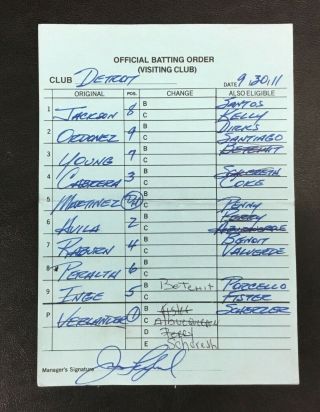 2011 Alds Jim Leyland Detroit Tigers Game Mlb Umpire Lineup Card Signed