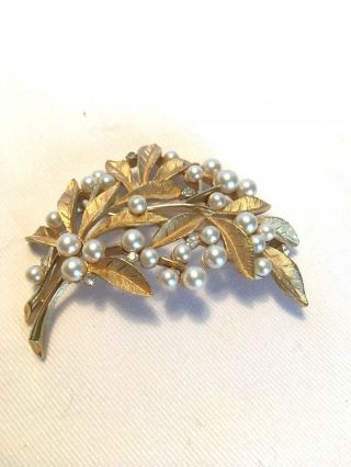 Signed Crown Trifari Satin Goldtone Pearl Crystal Vintage Leaf Brooch Pin