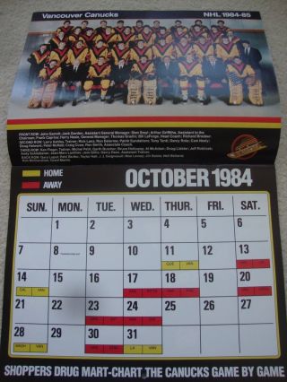 1984 - 85 Official Vancouver Canucks Team Calendar.  Nhl.