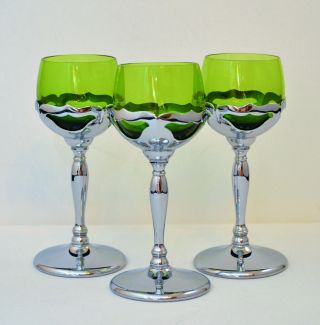 Vintage Farber Bross Krome Set Of 3 Wine Coctail Cordial Glasses Green