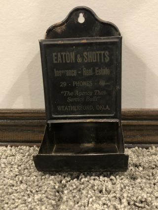 Vintage Eaton And Shotts Metal Match Stick Holder Weatherford Oklahoma