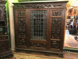 Antique Gothic Carved Cabinet With Stain Glass