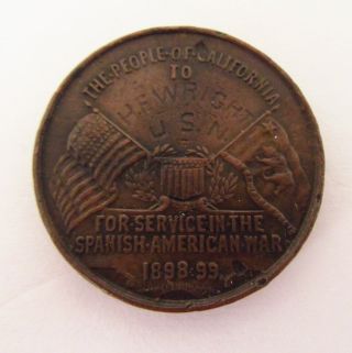 Antique Spanish American War California Service Medal Badge,  Usn Named - Vintage