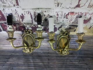 Pair Antique Vintage Old Brass Wall Sconce Lights Ornate Decorative Lamp