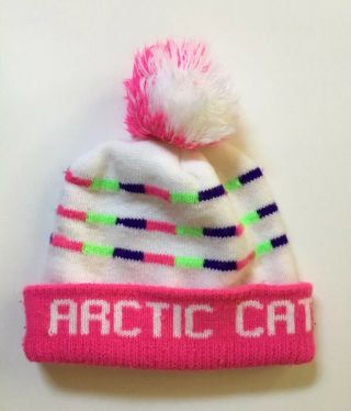 Rare Vintage Arctic Cat Knit Hat Neon Pink White Pom Pom 2