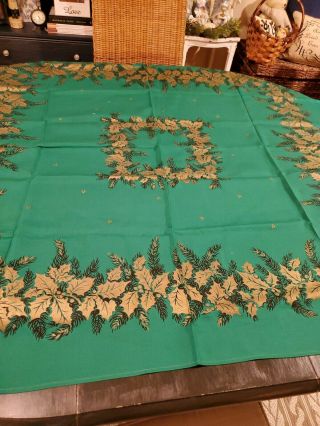 Vintage California Handprint? Christmas Tablecloth Green And Gold Holly 50 " X47 "