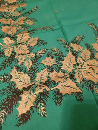 Vintage California HandPrint? Christmas Tablecloth GREEN and GOLD Holly 50 
