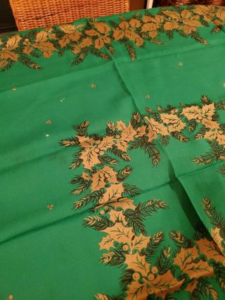 Vintage California HandPrint? Christmas Tablecloth GREEN and GOLD Holly 50 