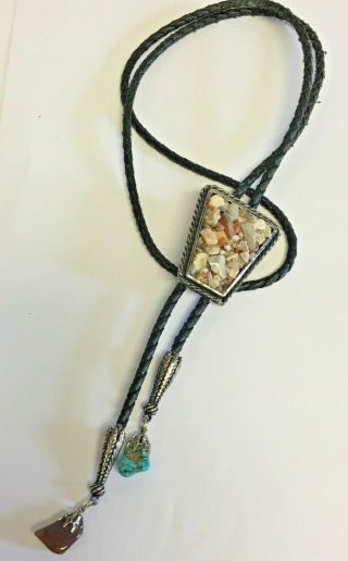 Vintage Harvey Native American Bolo Tie With Natural Stone Cluster Silver Tone