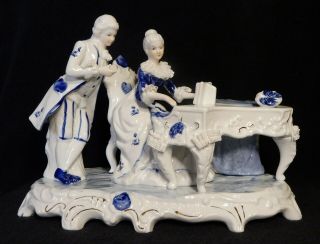 Vintage Victorian Lady Playing Piano Gentleman Watching - Blue&white W/gold Trim