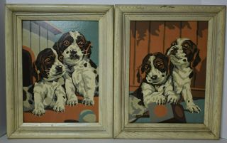 Vintage Puppy Dog Paint By Number Paintings Beagles Mid Century Framed