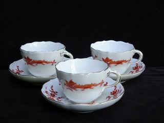 3 Antique Meissen " Red Court Dragon " Flat Cups & Saucers