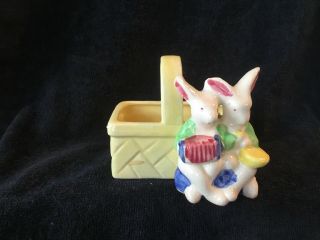 Vintage Ceramic Yellow Basket Planter Flower Pot Trinket Rabbits Bunny Japan