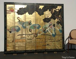 Vintage Oriental Asian Gold Six Panel Screen Room Divider W Heron Birds
