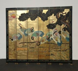 Vintage Oriental Asian Gold Six Panel Screen Room Divider w Heron Birds 2