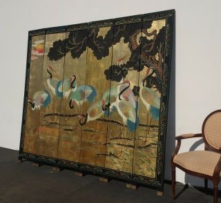 Vintage Oriental Asian Gold Six Panel Screen Room Divider w Heron Birds 3
