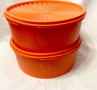 4 Piece Vintage Tupperware Tangerine Orange Canister Stackable Storage V Good
